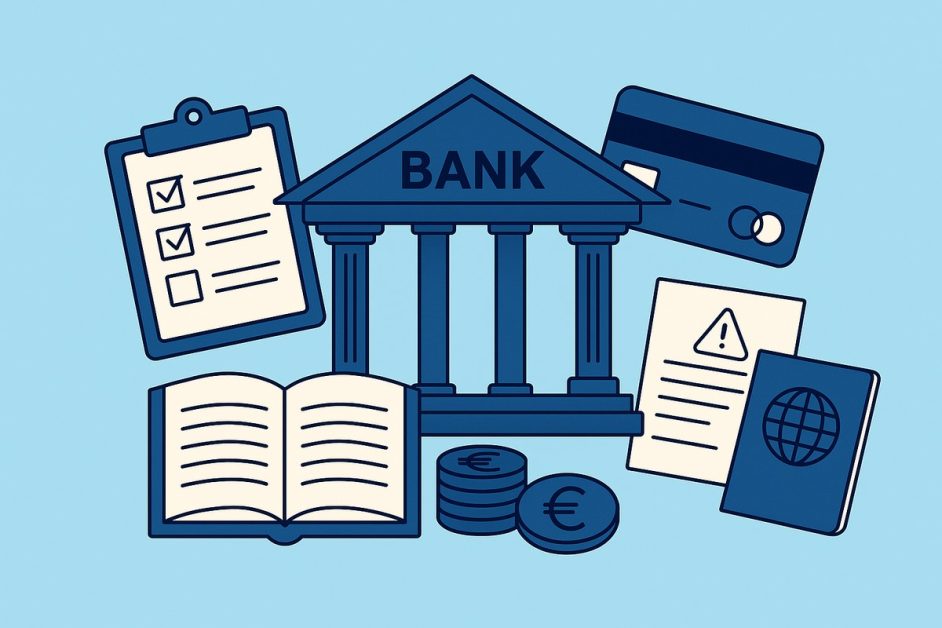Illustration einer Bank mit Münzen, Kreditkarte, Dokumenten, einem Buch und einer Checkliste, die verschiedene Themen der Finanzbildung symbolisieren.